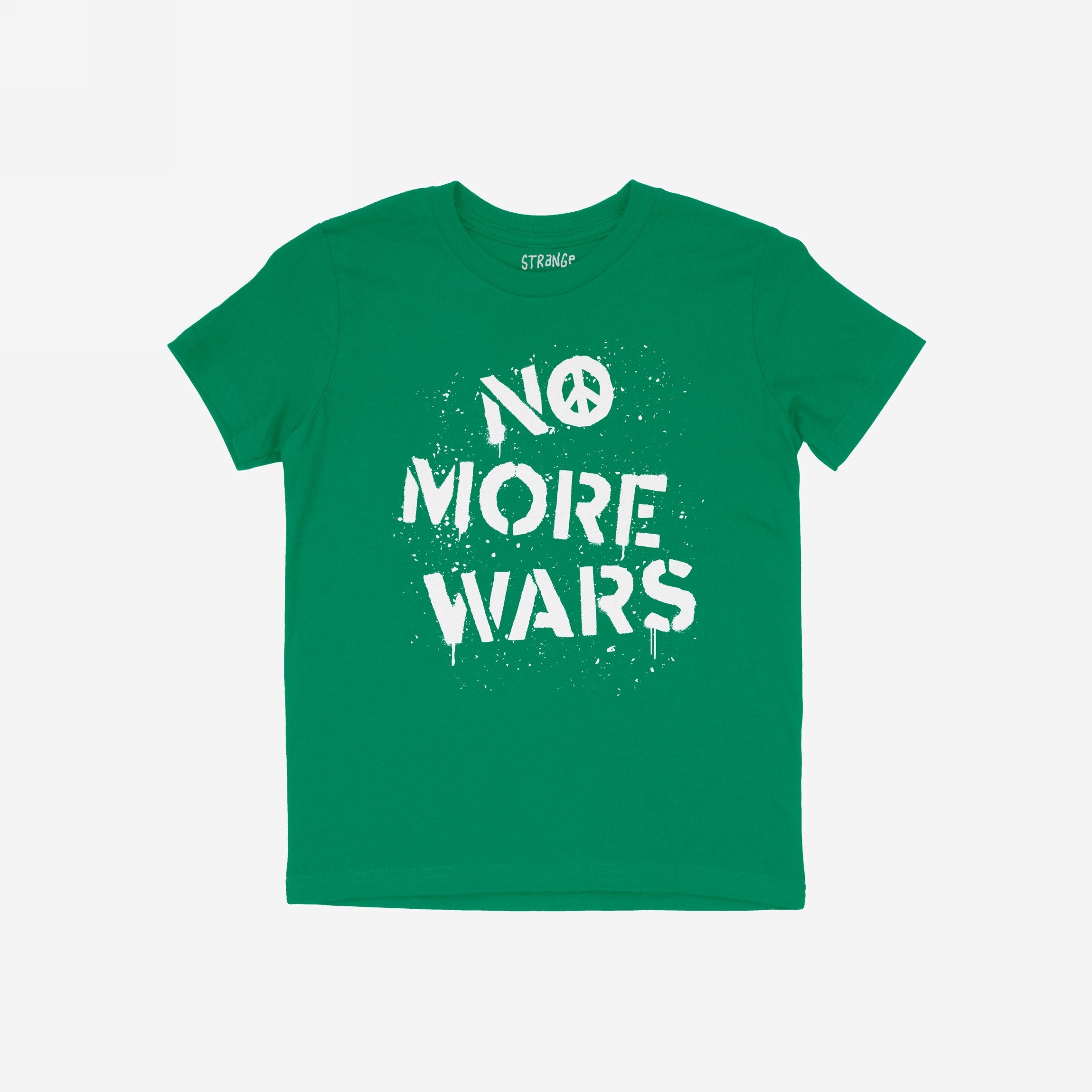 No More Wars Shirt with a white, spray-stencil-style slogan featuring a peace symbol and the message “NO MORE WARS”, conveying a powerful demand for peace and accountability.