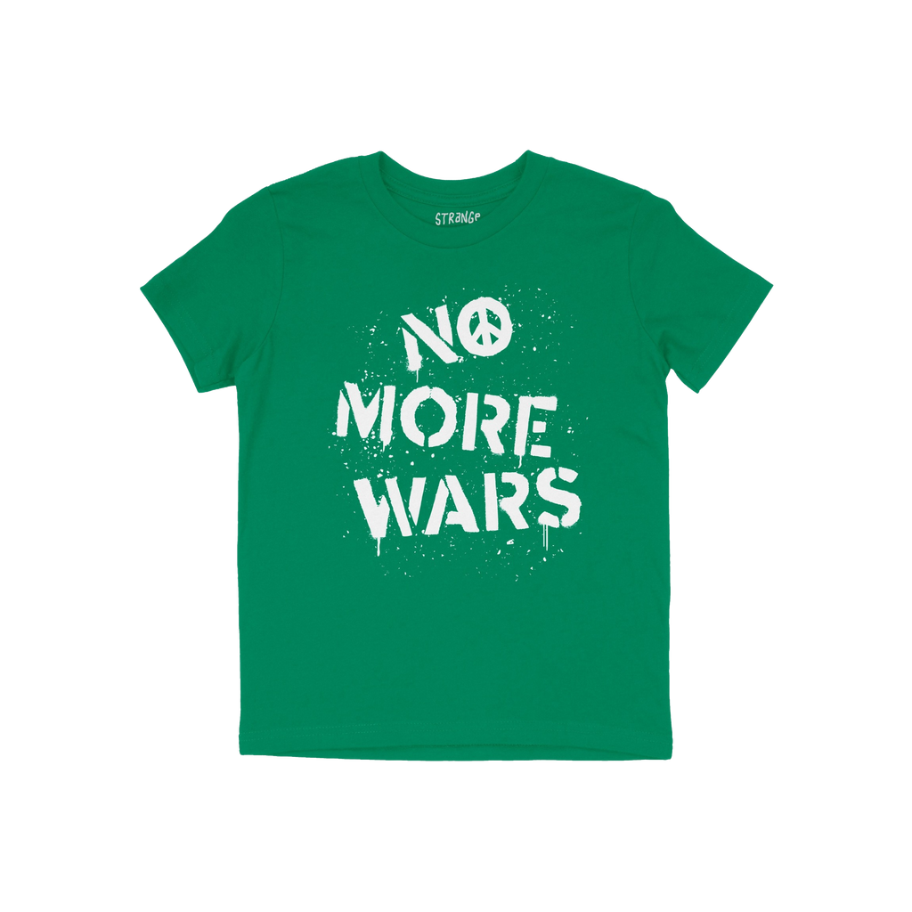 No More Wars Shirt with a white, spray-stencil-style slogan featuring a peace symbol and the message “NO MORE WARS”, conv
