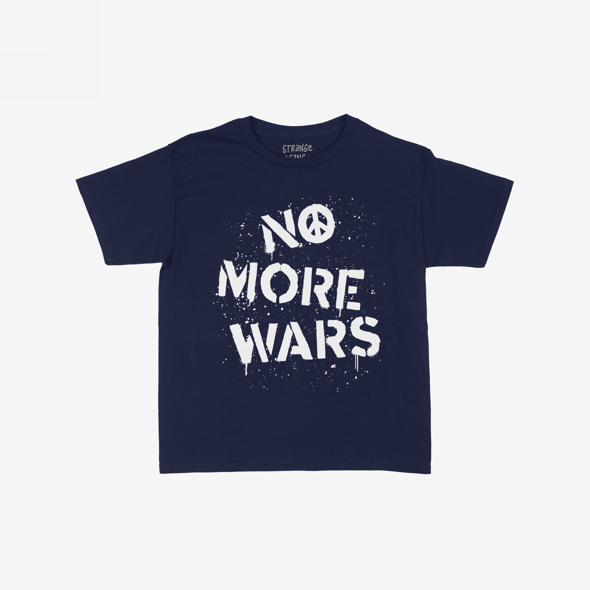 No More Wars T-shirt featuring a white stencil-style print with NO MORE WARS and a peace symbol. The bold design visually protests against violence, aligning with an ethos of global peace and equality.