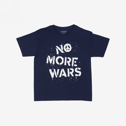 No More Wars T-shirt featuring a white stencil-style print with NO MORE WARS and a peace symbol. The bold design visually protests against violence, aligning with an ethos of global peace and equality.