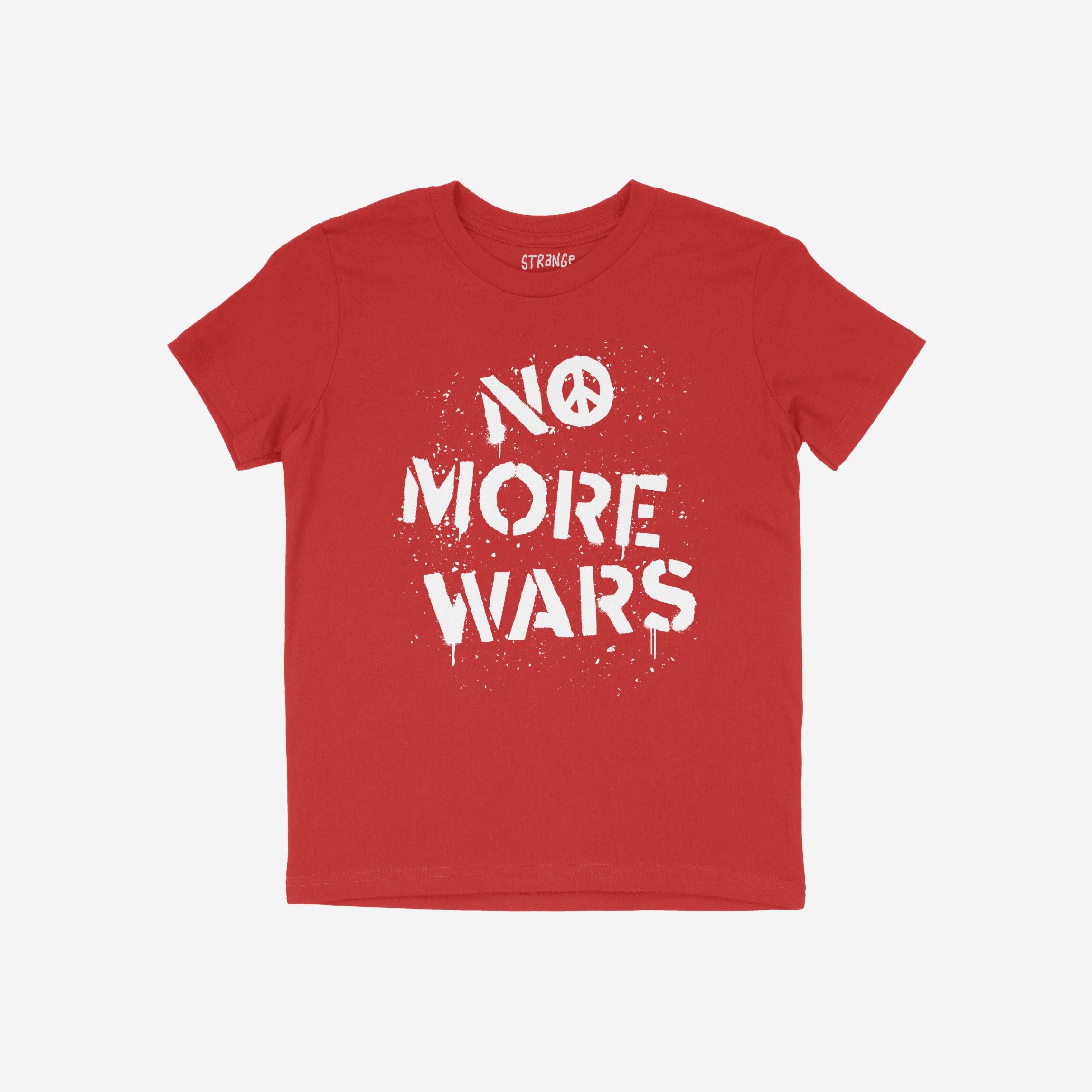 No More Wars Shirt featuring a bold, white stencil-style slogan with a peace-symbol O, and a splattered effect, advocating for global peace and accountability against violence.