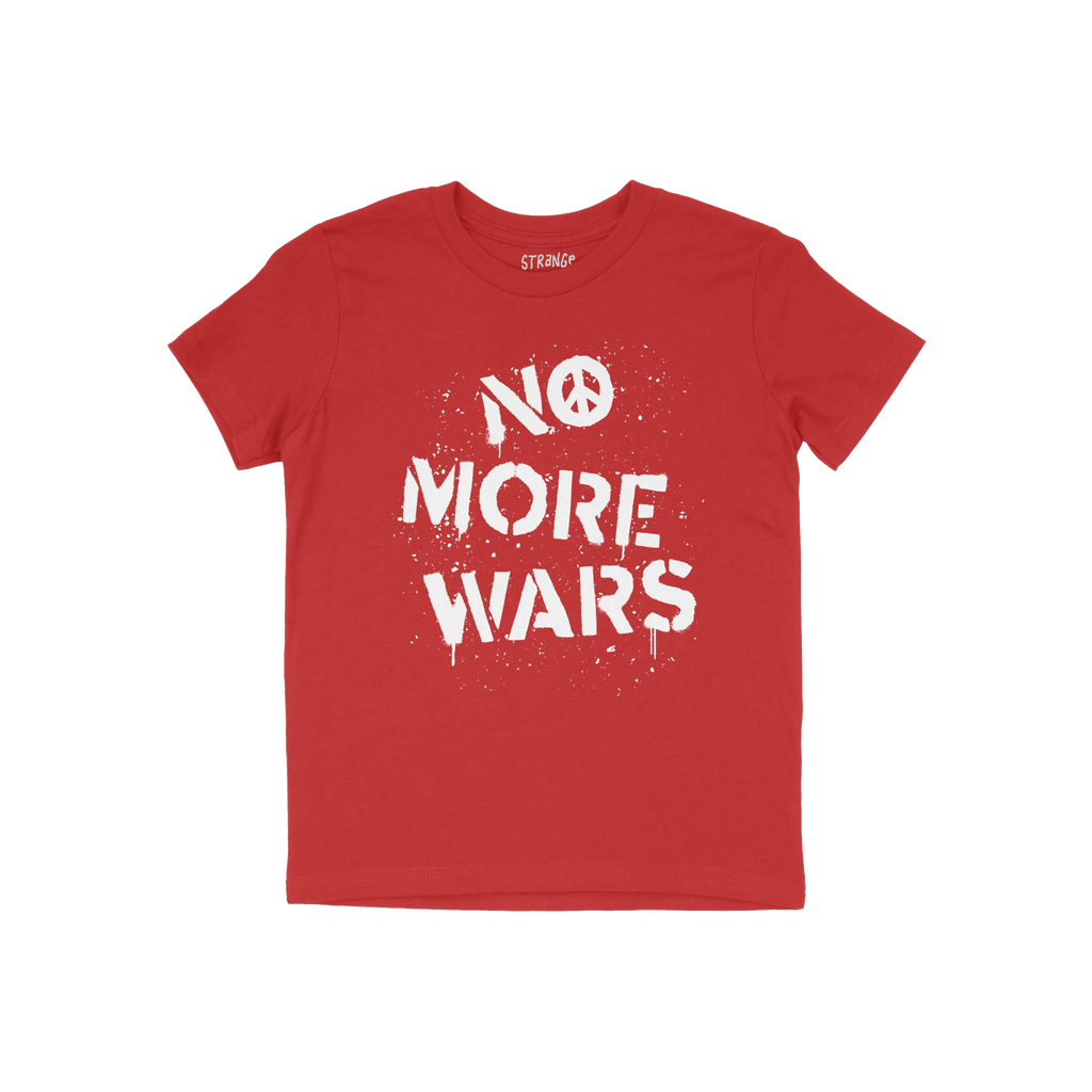 No More Wars Shirt featuring a bold, white stencil-style slogan with a peace-symbol O, and a splattered effect, advocating fo