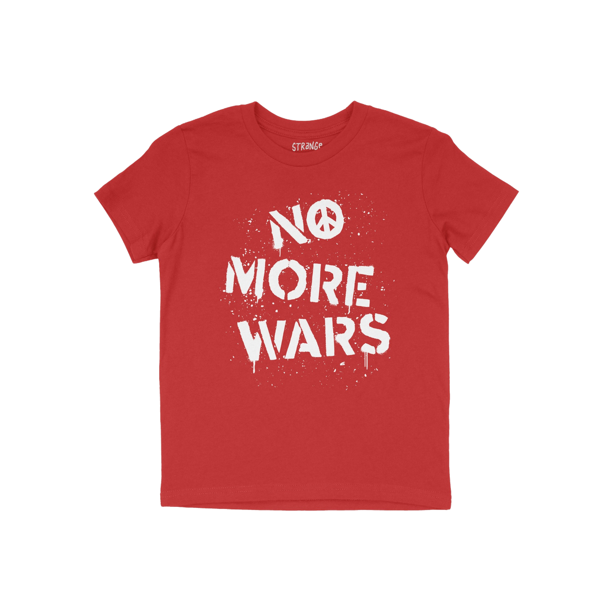 No More Wars Shirt featuring a bold, white stencil-style slogan with a peace-symbol O, and a splattered effect, advocating fo