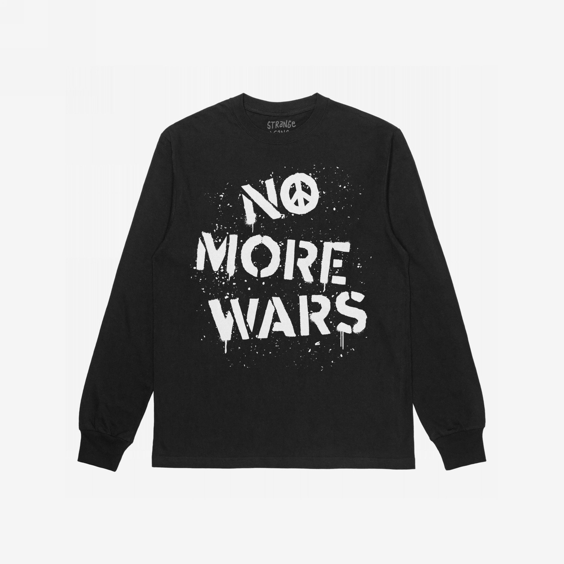 The No More Wars Shirt features bold, white stencil-style text promoting peace on a black long-sleeve T-shirt, symbolizing a stand against global violence and advocating for accountability.