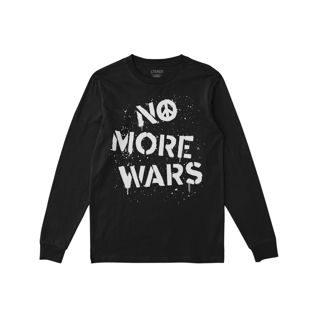 The No More Wars Shirt features bold, white stencil-style text promoting peace on a black long-sleeve T-shirt, symbolizing a 