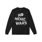 The No More Wars Shirt features bold, white stencil-style text promoting peace on a black long-sleeve T-shirt, symbolizing a 