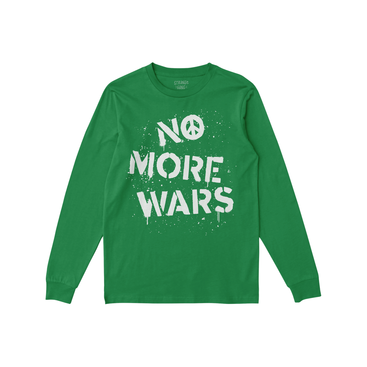 No More Wars Shirt: A green long-sleeved tee featuring a white stencil-style print with “NO MORE WARS,” where the “O”