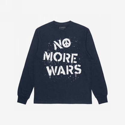 No More Wars T-shirt featuring a white stencil-style slogan with a peace-sign O and paint-splatter details, emphasizing a powerful anti-violence message on a navy-blue, long-sleeve shirt.