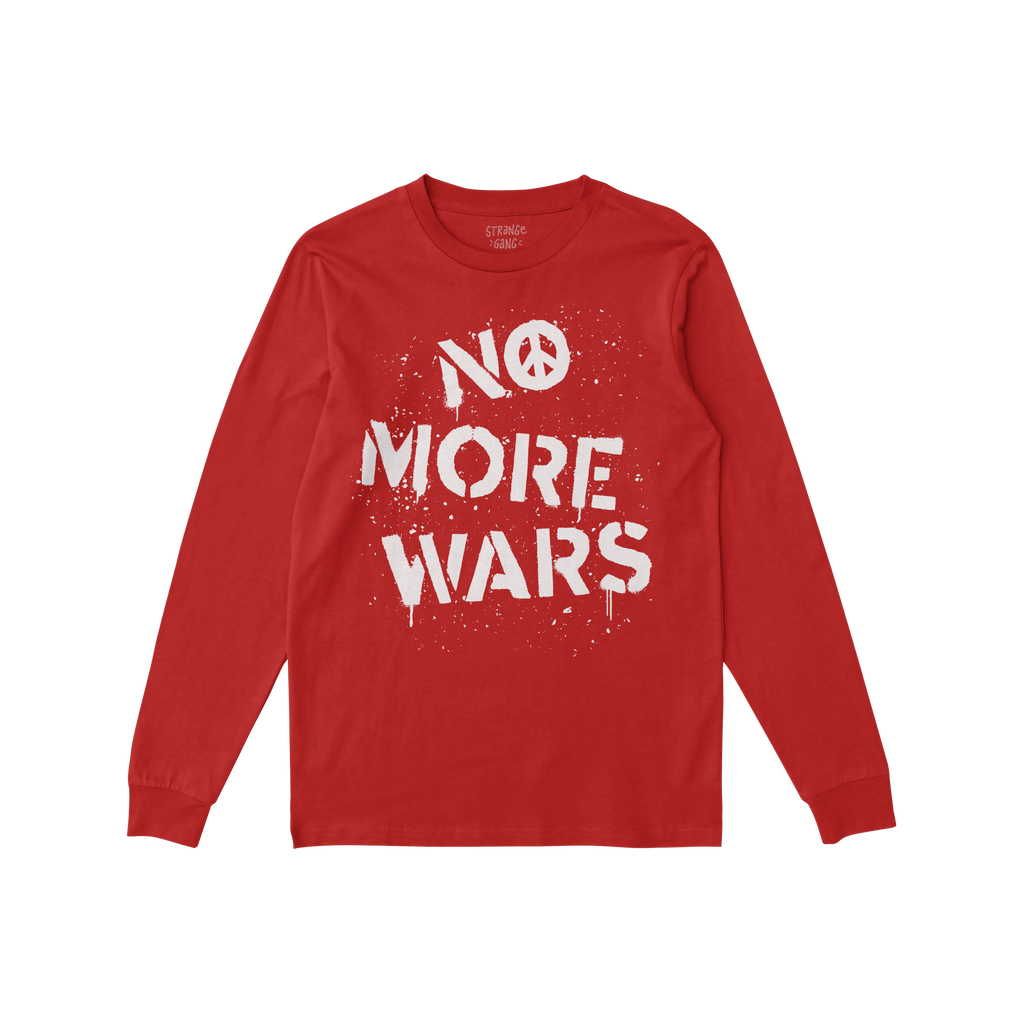 The No More Wars Shirt features a red, long-sleeved design with a white stencil graphic reading “NO MORE WARS,” with the 