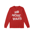 The No More Wars Shirt features a red, long-sleeved design with a white stencil graphic reading “NO MORE WARS,” with the 
