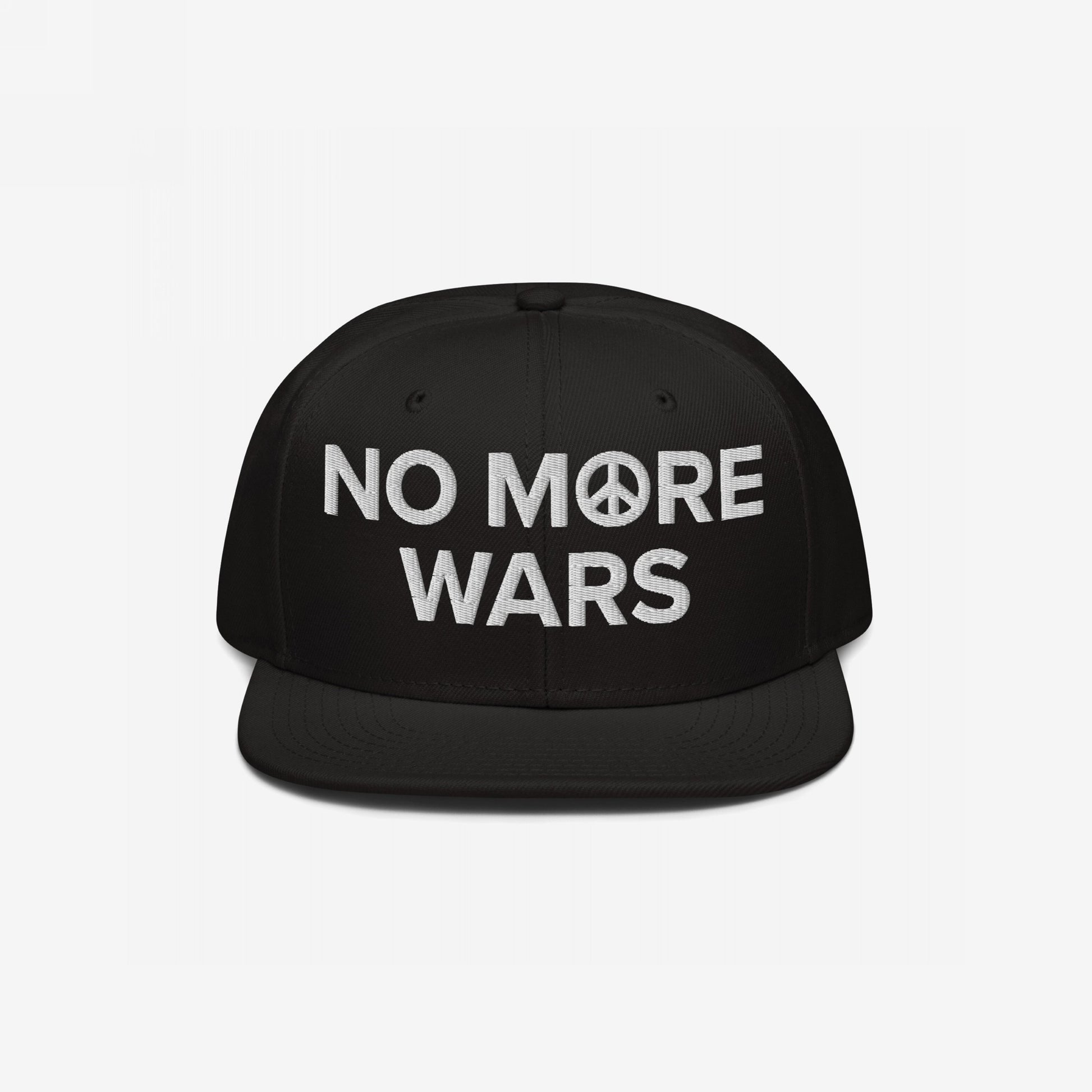 No More Wars Hat: A black snapback cap featuring “NO MORE WARS” embroidered in white with a peace-symbol icon, promoting anti-war sentiments, suitable for activism and everyday wear.