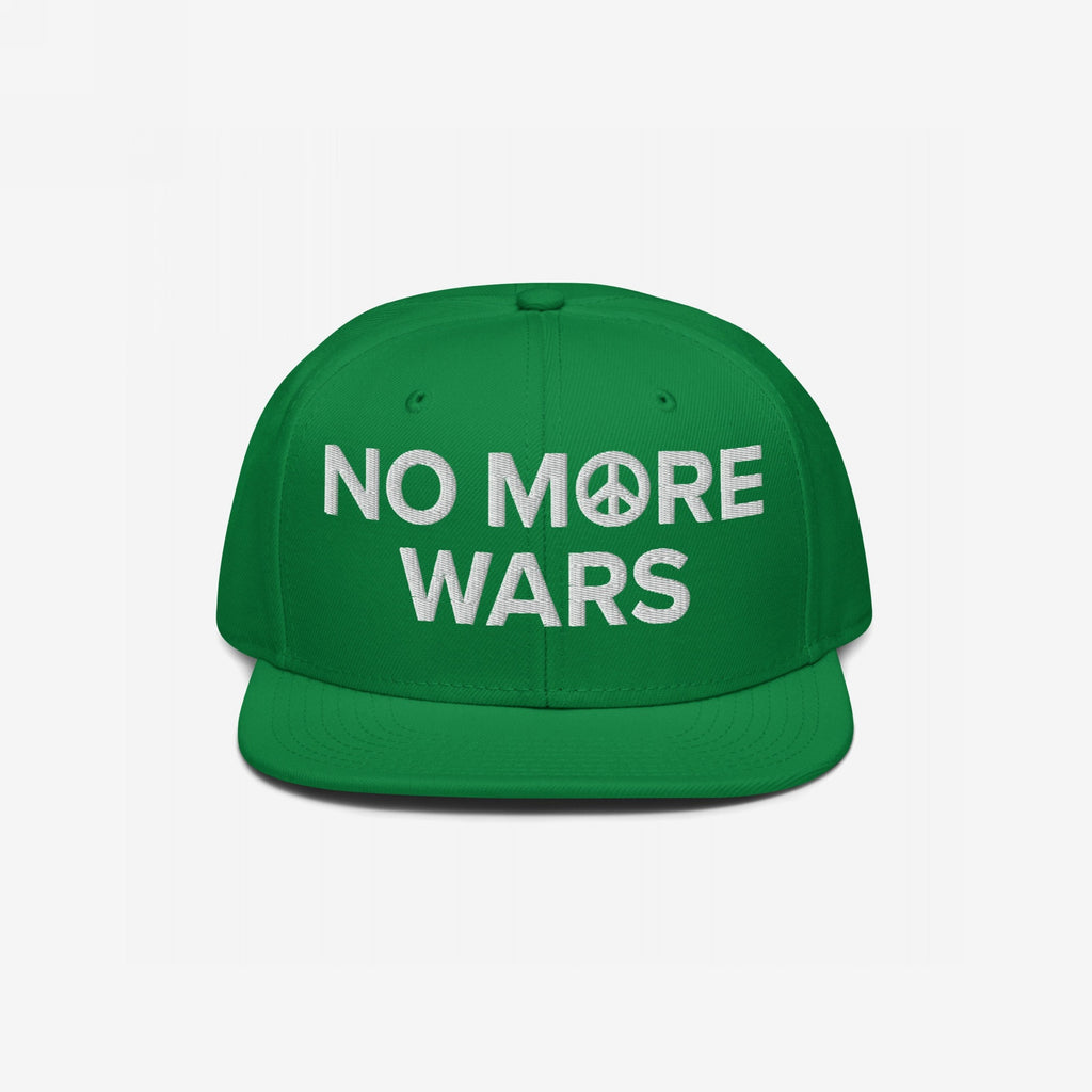 No More Wars Hat features bold white embroidery with a peace-symbol O, on a bright green snapback, embodying a strong anti-war message.