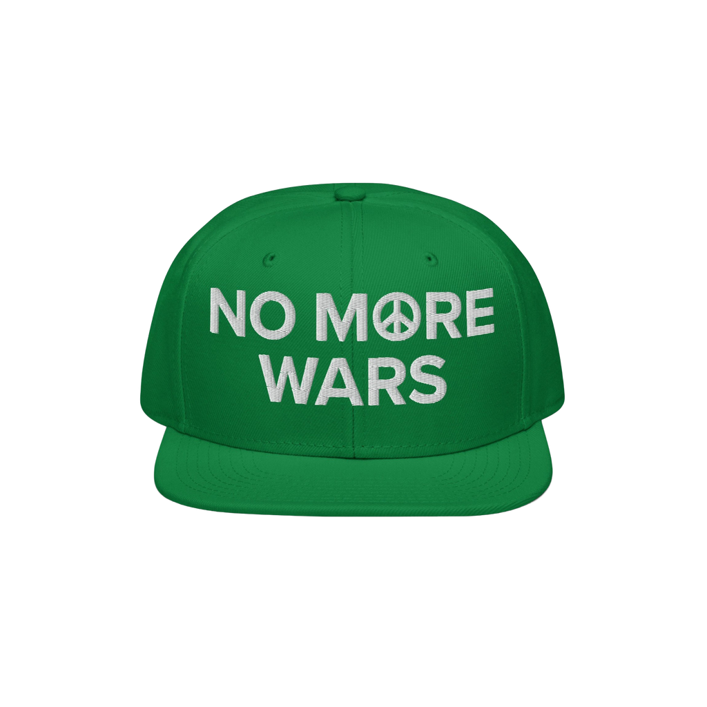 No More Wars Hat features bold white embroidery with a peace-symbol O, on a bright green snapback, embodying a strong anti-wa