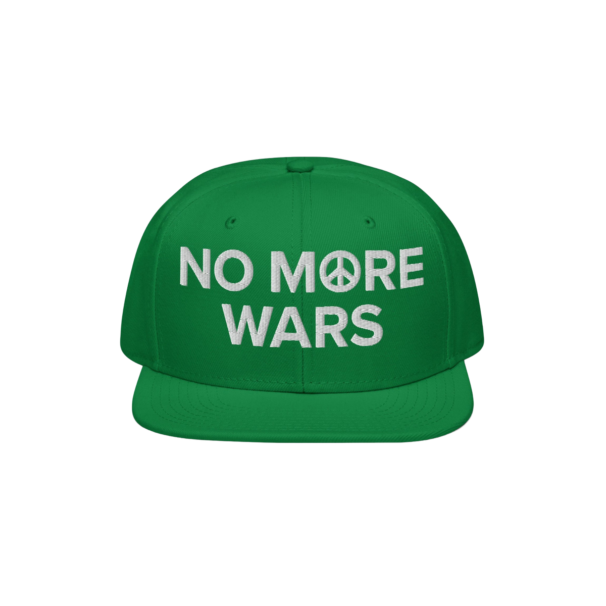 No More Wars Hat features bold white embroidery with a peace-symbol O, on a bright green snapback, embodying a strong anti-wa