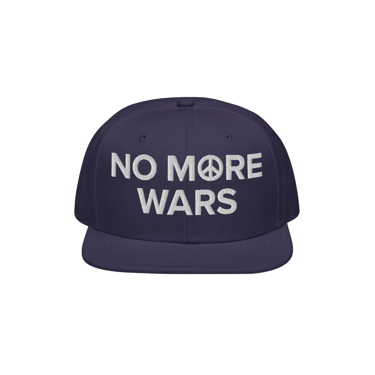 No More Wars Hat featuring a navy snapback design with NO MORE WARS and a peace symbol embroidered in white, symbolizing a st