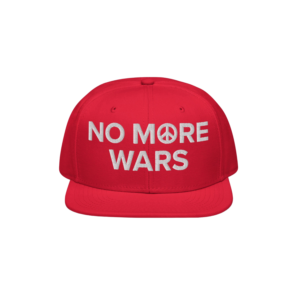 No More Wars Hat featuring bold white embroidery with peace symbolism, promoting anti-war sentiment. Ideal for protests or da