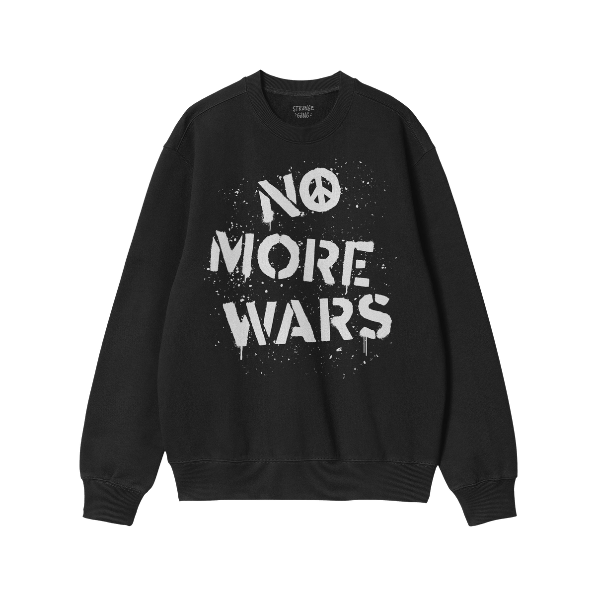 Black crew-neck sweatshirt featuring NO MORE WARS in white, graffiti-style lettering with a peace symbol. The No More Wars Sh
