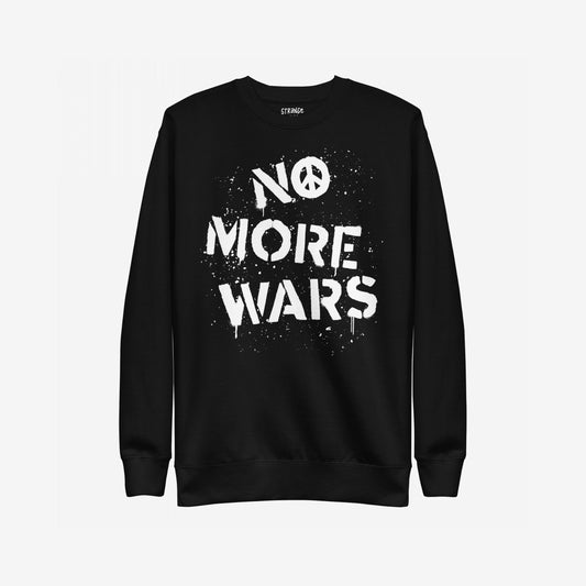 Black No More Wars Sweatshirt featuring white stencil-style text with a peace sign symbol and paint-splatter details, embodying a bold anti-violence message.