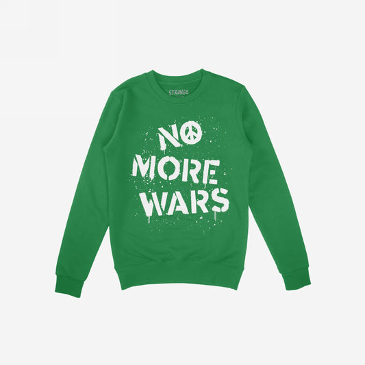 No More Wars Shirt featuring a bold NO MORE WARS stencil print with a peace sign replacing the O, surrounded by paint splatters, advocating for peace and accountability.