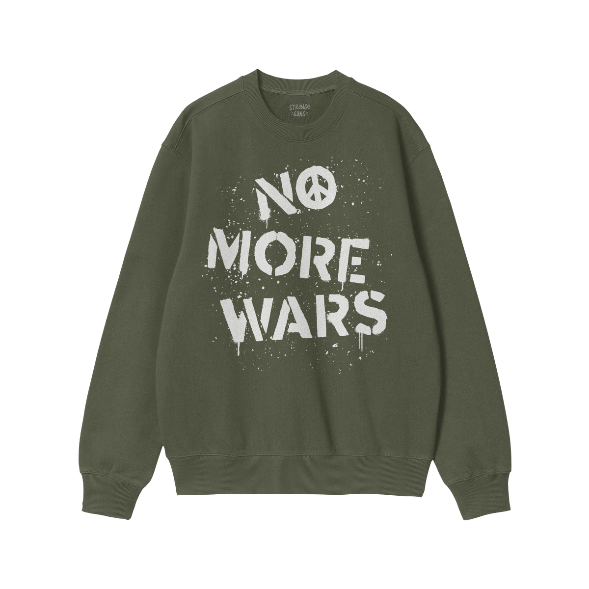 No More Wars Shirt featuring a bold NO MORE WARS stencil print with a peace sign replacing the O, surrounded by paint splatte