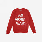 No More Wars Shirt featuring a red, long-sleeved crewneck design with bold white stencil-style letters, including a peace-sign O and the slogan NO MORE WARS across the chest.