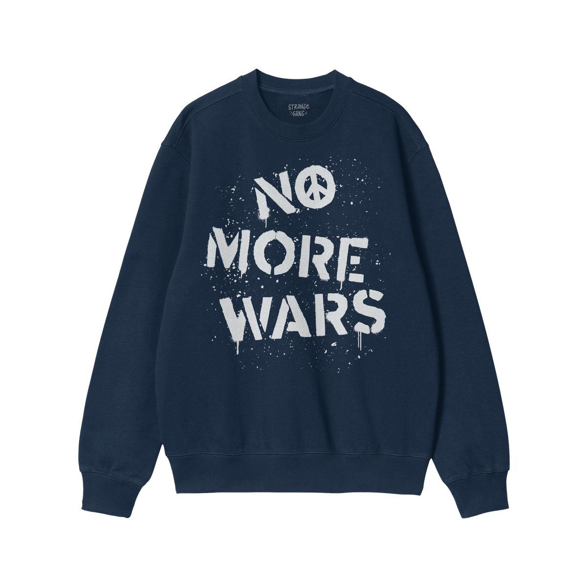 No More Wars Shirt featuring a red, long-sleeved crewneck design with bold white stencil-style letters, including a peace-sig