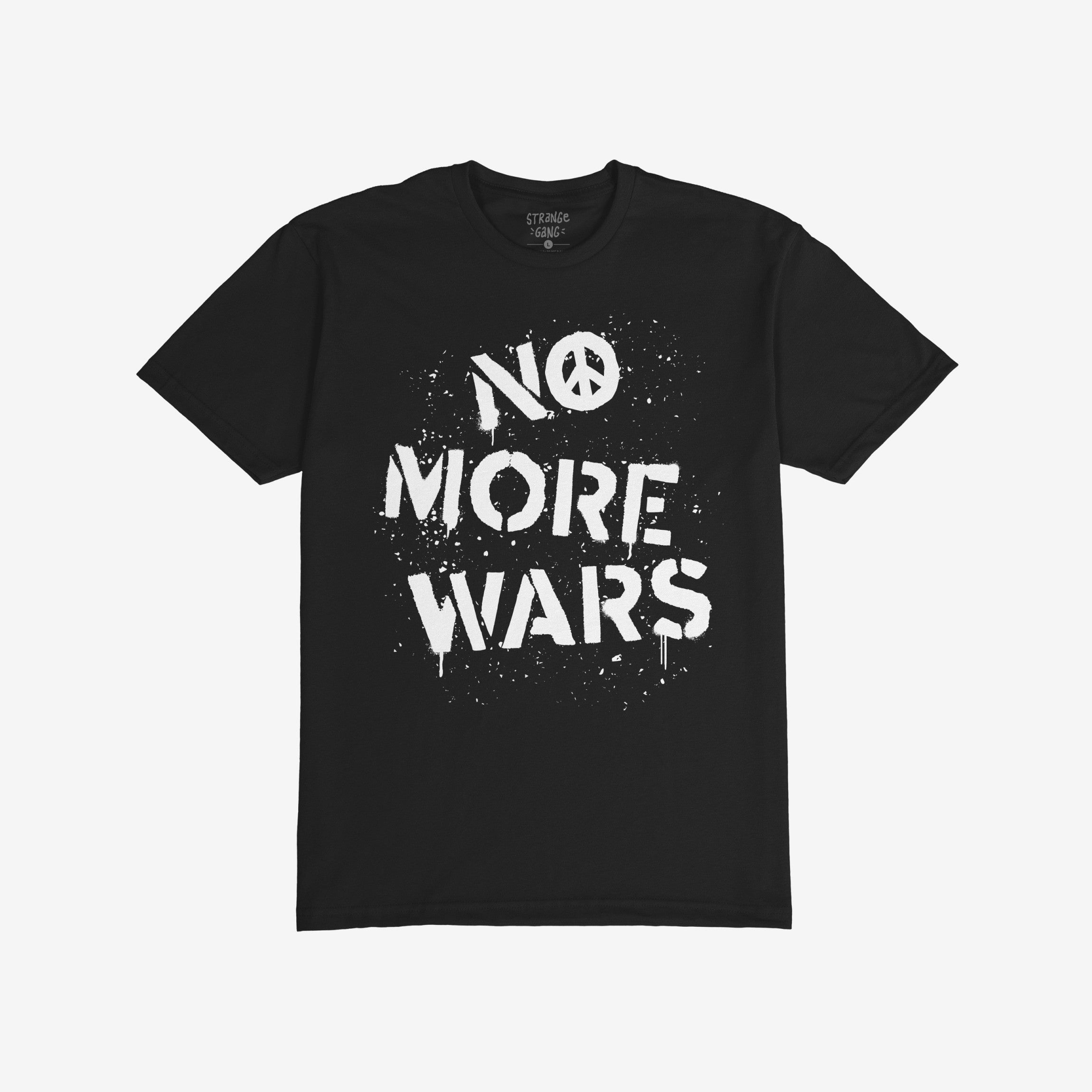 Black T-shirt with NO MORE WARS in white graffiti-style, featuring a peace-symbol O. Brand name inside collar. The design symbolizes a demand for peace and accountability.
