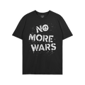 Black T-shirt with NO MORE WARS in white graffiti-style, featuring a peace-symbol O. Brand name inside collar. The design sym