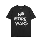 Black T-shirt with NO MORE WARS in white graffiti-style, featuring a peace-symbol O. Brand name inside collar. The design sym