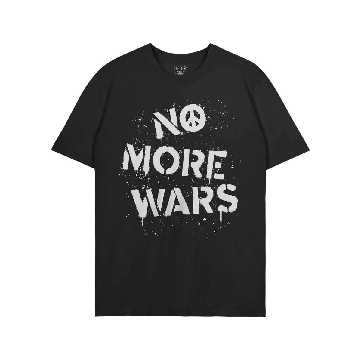 Black T-shirt with NO MORE WARS in white graffiti-style, featuring a peace-symbol O. Brand name inside collar. The design sym