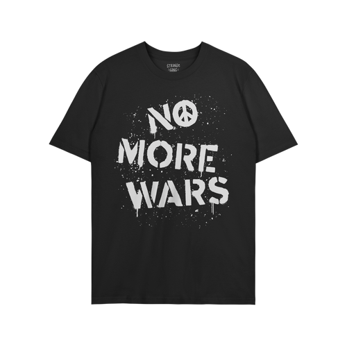 Black T-shirt with NO MORE WARS in white graffiti-style, featuring a peace-symbol O. Brand name inside collar. The design sym