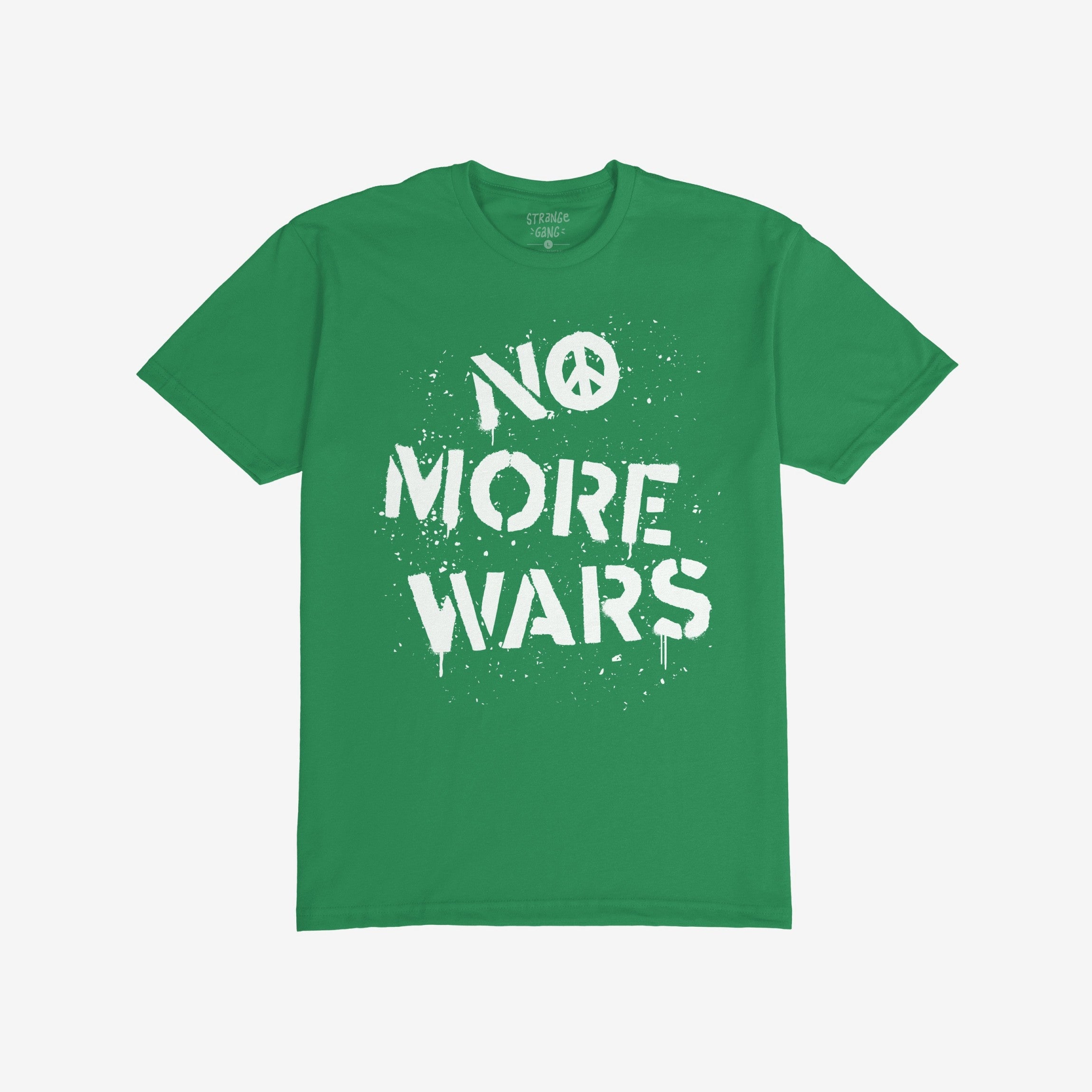 No More Wars Shirt featuring a bold, white paint-splatter graphic with NO MORE WARS and a peace symbol, embodying a powerful message against global violence and promoting peace.