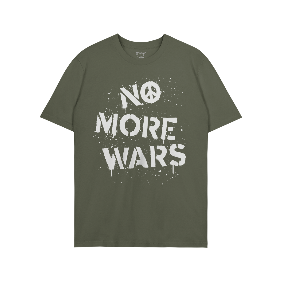 No More Wars Shirt featuring a bold, white paint-splatter graphic with NO MORE WARS and a peace symbol, embodying a powerful 