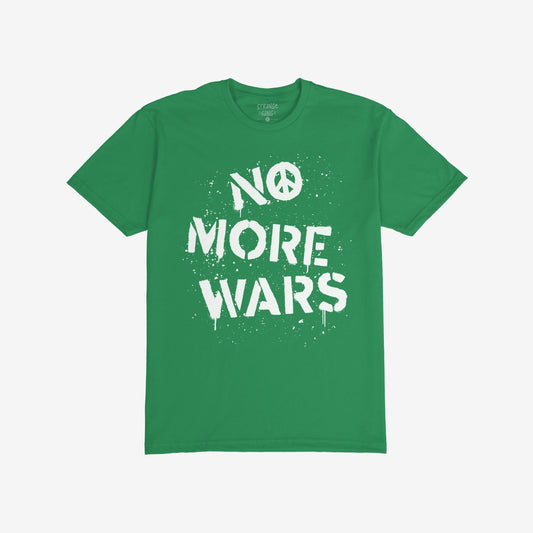 No More Wars T-shirt featuring a bold, graffiti-style slogan with a peace-symbol O, advocating for peace and protest against violence. Perfect for those demanding an end to global conflicts.