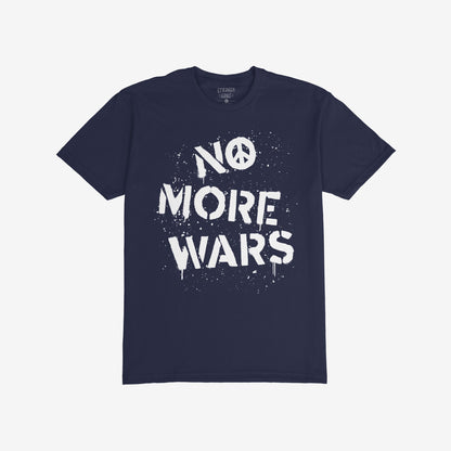 No More Wars T-shirt with bold stencil-style graphic, featuring a peace symbol in place of O and paint-splatter effect, promoting peace and protesting global violence. Available in various sizes and styles.