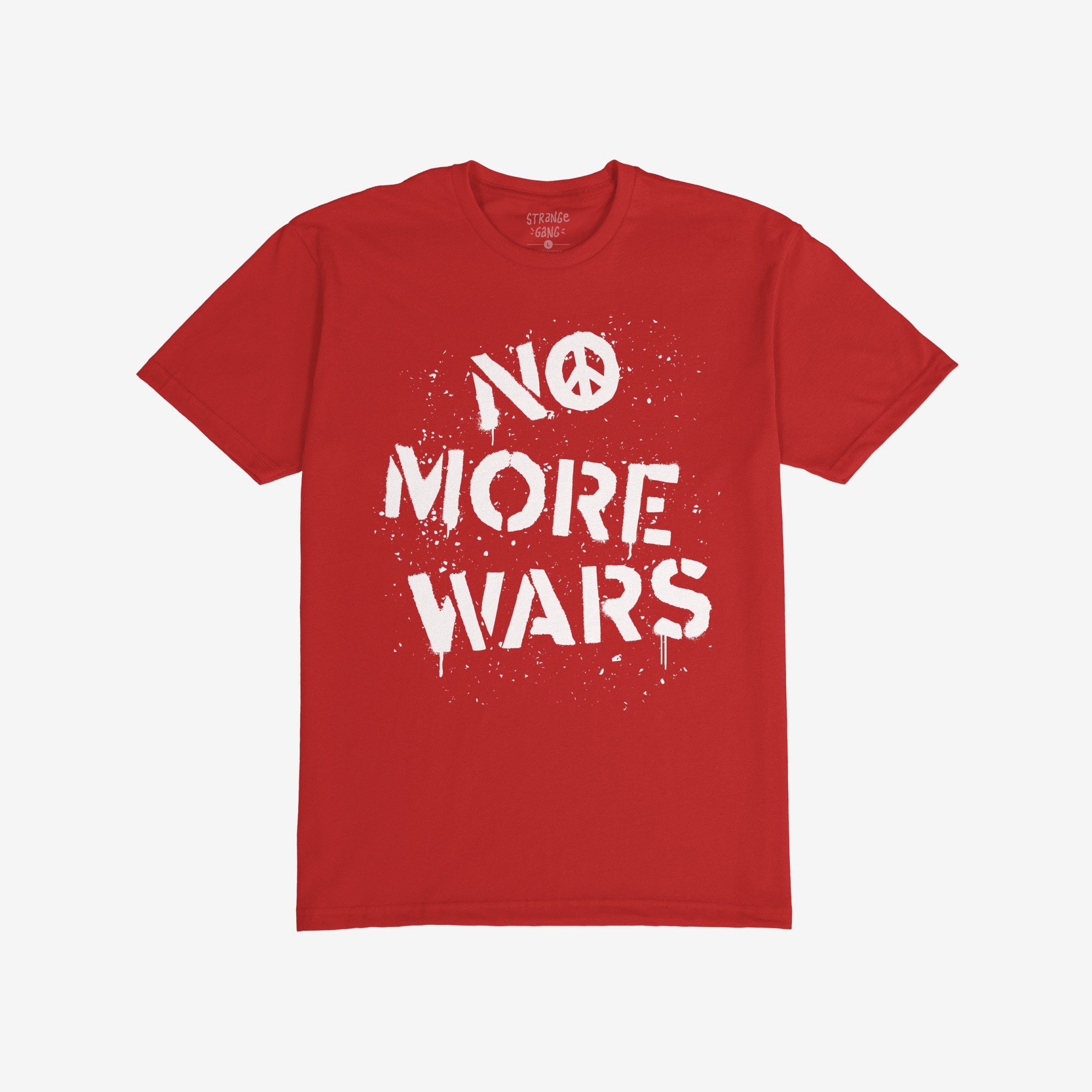 No More Wars Shirt with white spray-paint-style slogan and peace symbol, graffiti-inspired. A wearable demand for peace and accountability, reflecting a stance against violence and promoting equality.