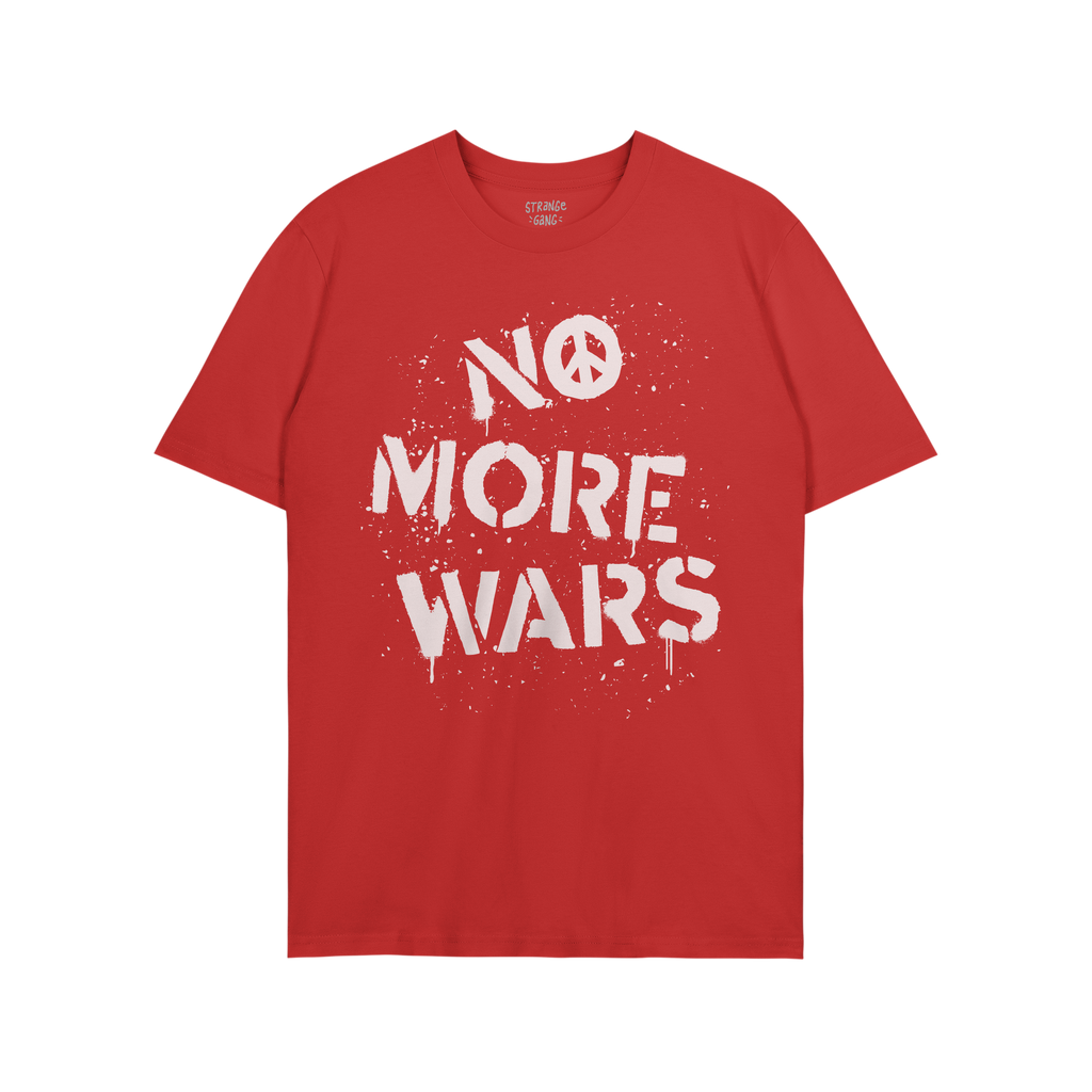 No More Wars Shirt with white spray-paint-style slogan and peace symbol, graffiti-inspired. A wearable demand for peace and a