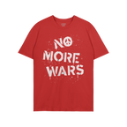 No More Wars Shirt with white spray-paint-style slogan and peace symbol, graffiti-inspired. A wearable demand for peace and a