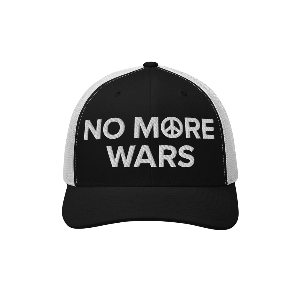No More Wars Hat features a black-and-white trucker style with NO MORE WARS embroidered, using a peace symbol for the O, symb