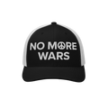 No More Wars Hat features a black-and-white trucker style with NO MORE WARS embroidered, using a peace symbol for the O, symb