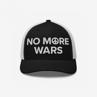 No More Wars Hat: Black-and-white trucker cap featuring a peace-symbol embroidered slogan, ideal for making a bold anti-war statement, supporting causes like Gaza and Ukraine.