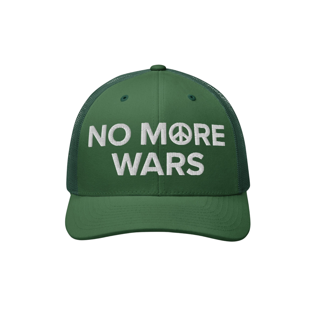 The No More Wars Hat prominently displays a peace-driven message with NO MORE WARS embroidered in white, featuring a peace sy