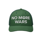 The No More Wars Hat prominently displays a peace-driven message with NO MORE WARS embroidered in white, featuring a peace sy