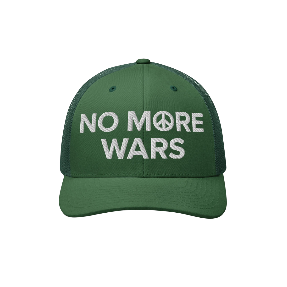 The No More Wars Hat prominently displays a peace-driven message with NO MORE WARS embroidered in white, featuring a peace sy