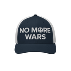 No More Wars Hat featuring navy-blue front, white mesh back, with NO MORE WARS embroidered, peace symbol as the O, promoting 