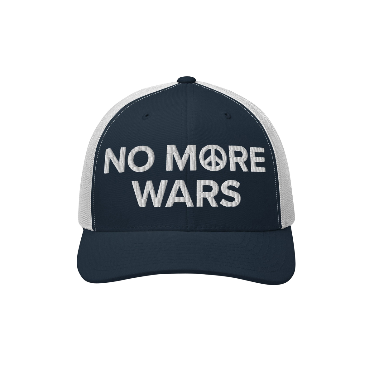 No More Wars Hat featuring navy-blue front, white mesh back, with NO MORE WARS embroidered, peace symbol as the O, promoting 