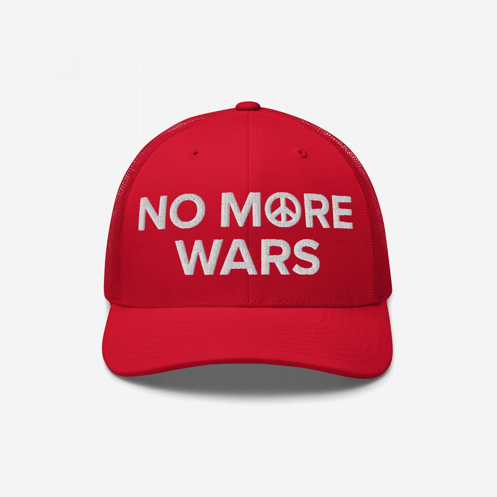 No More Wars Hat with red mesh-back and white embroidered message NO M☮RE WARS, featuring a peace symbol, representing a bold stand for peace against war profiteers.