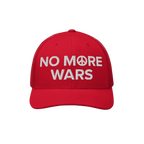 No More Wars Hat with red mesh-back and white embroidered message NO M☮RE WARS, featuring a peace symbol, representing a bo