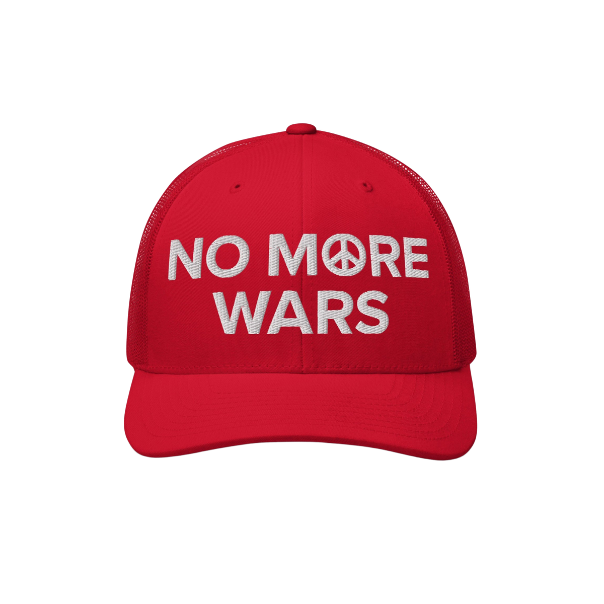 No More Wars Hat with red mesh-back and white embroidered message NO M☮RE WARS, featuring a peace symbol, representing a bo