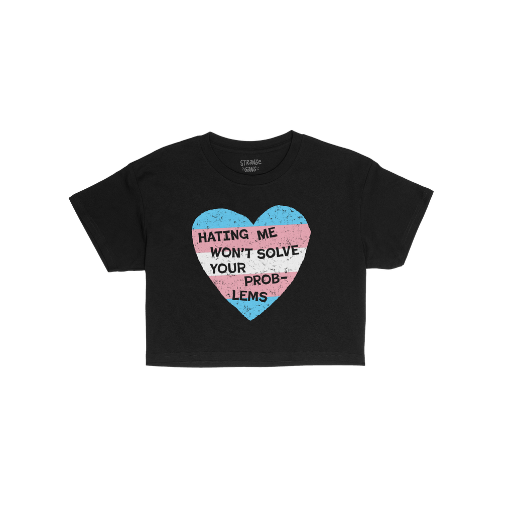 No Trans Hate Women's Baby Tee featuring a distressed heart design with trans pride colors, and the slogan “Hating me won��